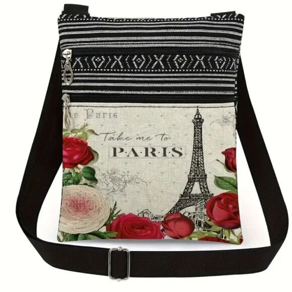 Stylish Eiffel Tower Print Mini  Canvas Crossbody Messenger Bag - Picture 3 of 3